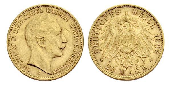 20 Mark 普魯士王國 (1701 - 1918) 金 威廉二世 (德国)