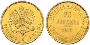 20 Mark 芬兰大公国 (1809 - 1917) / 俄罗斯帝国 (1721 - 1917) 金 亚历山大三世 (俄国) (1845 -1894)