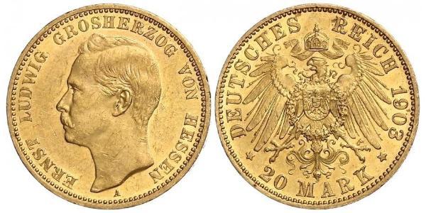 20 Mark 黑森-达姆施塔特 (1806 - 1918) 金 恩斯特·路德维希 (黑森大公) (1868 - 1937)
