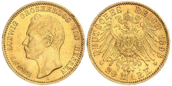 20 Mark 黑森-达姆施塔特 (1806 - 1918) 金 恩斯特·路德维希 (黑森大公) (1868 - 1937)