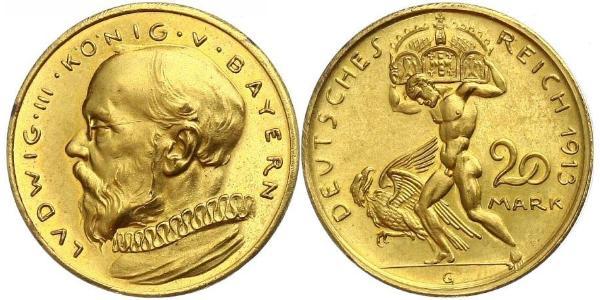 20 Mark 巴伐利亞王國 (1806 - 1918) 銅 路德维希三世 (巴伐利亚) (1845 – 1921)