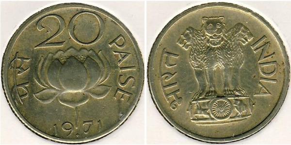 20 Paisa Inde (1950 - ) Laiton 