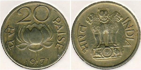 20 Paisa Indien (1950 - ) Messing 