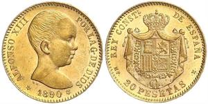 20 Peseta Kingdom of Spain (1874 - 1931) Or Alfonso XIII of Spain (1886 - 1941)