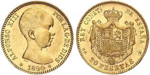 20 Peseta Kingdom of Spain (1874 - 1931) 金 阿方索十三世 (1886 - 1941)