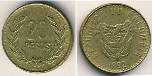 20 Peso Republic of Colombia (1886 - ) Copper/Aluminium 