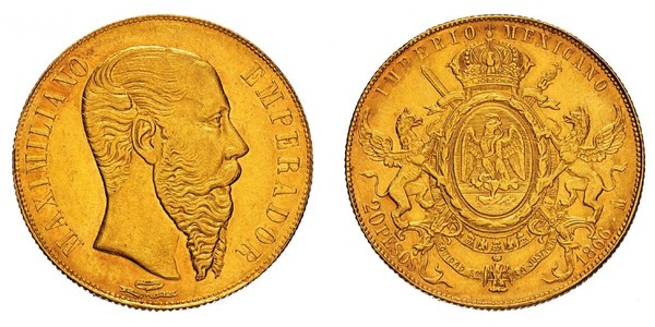 20 Peso Second Mexican Empire (1864 - 1867) Gold Maximilian I of Mexico (1832 - 1867)