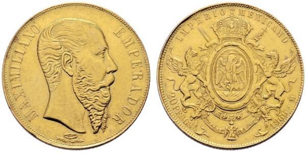 20 Peso Segundo Imperio Mexicano (1864 - 1867) Oro Maximilian I of Mexico (1832 - 1867)