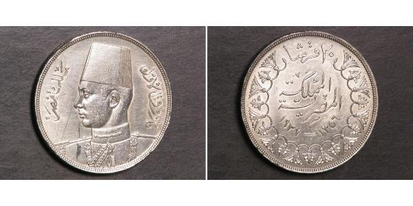 20 Piastre 埃及王國 (1922 - 1953) 銀 Farouk I of Egypt (1920 - 1965)