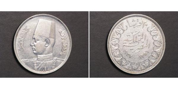 20 Piastre 埃及王國 (1922 - 1953) 銀 Farouk I of Egypt (1920 - 1965)