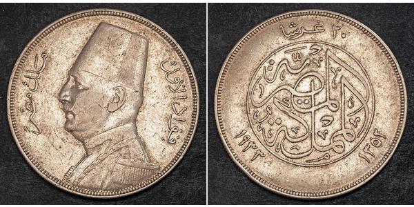 20 Piastre 埃及王國 (1922 - 1953) 銀 Fuad I of Egypt (1868 -1936)