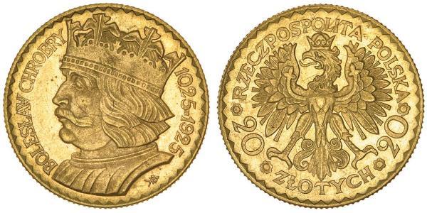 20 Zloty Segunda República Polaca (1918 - 1939) Oro 