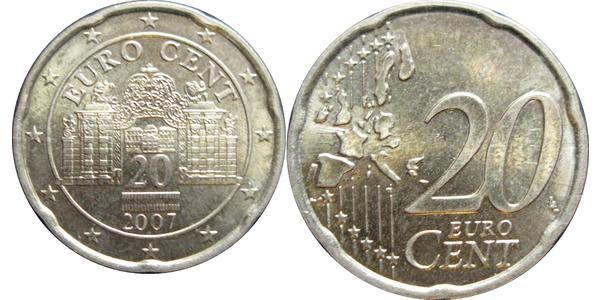20 Євроцент Австрійська Республіка (1955 - ) Мідь 