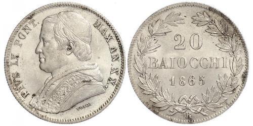 20 Байокко Папская область (752-1870) Серебро Пий IX (1792- 1878)