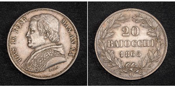 20 Байокко Папская область (752-1870) Серебро Пий IX (1792- 1878)
