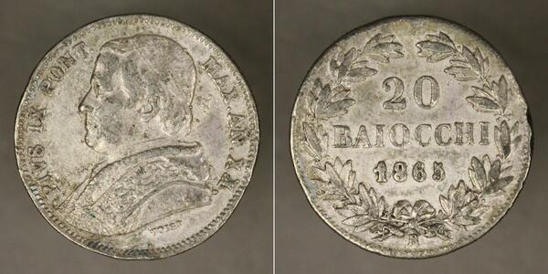 20 Байокко Папская область (752-1870) Серебро Пий IX (1792- 1878)