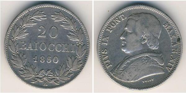 20 Байокко Папская область (752-1870) Серебро Пий IX (1792- 1878)