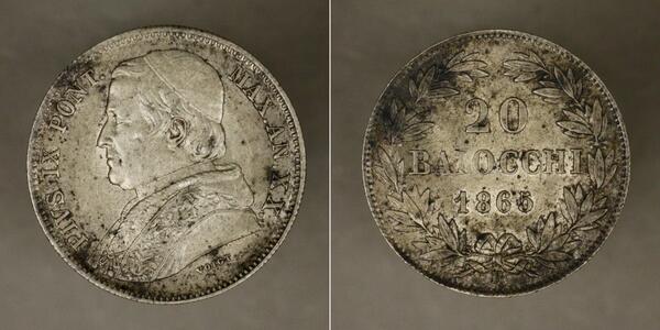 20 Байокко Папська держава (752-1870) Срібло Пій IX (1792- 1878)