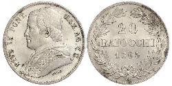 20 Baiocco 教皇国 (754 - 1870) 銀 Pope Pius IX (1792- 1878)