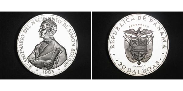 20 Бальбоа Республика Панама Серебро Simon Bolivar (1783 - 1830)