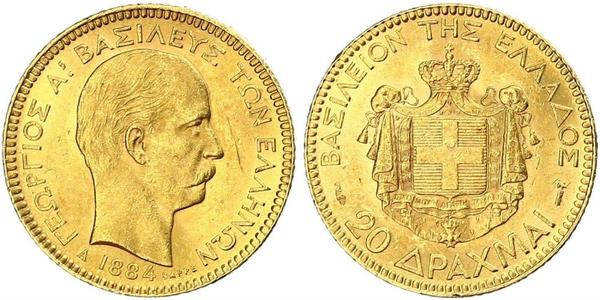 20 Драхма Королівство Греція (1832-1924) Золото Георг I король Греції (1845- 1913)
