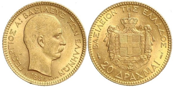 20 Драхма Королівство Греція (1832-1924) Золото Георг I король Греції (1845- 1913)