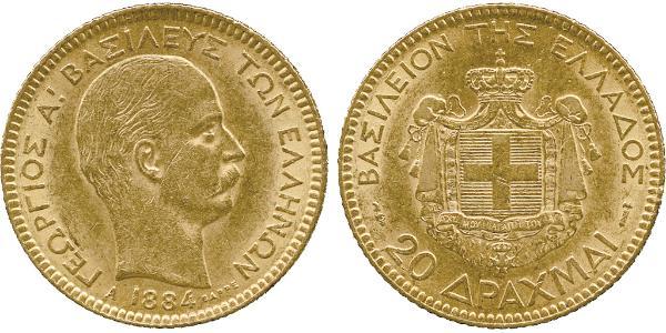 20 Драхма Королівство Греція (1832-1924) Золото Георг I король Греції (1845- 1913)