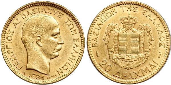 20 Драхма Королівство Греція (1832-1924) Золото Георг I король Греції (1845- 1913)