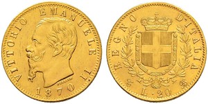20 Лира Kingdom of Italy (1861-1946) Золото Victor Emmanuel II of Italy (1820 - 1878)