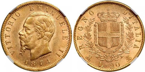 20 Лира Kingdom of Italy (1861-1946) Золото Victor Emmanuel II of Italy (1820 - 1878)
