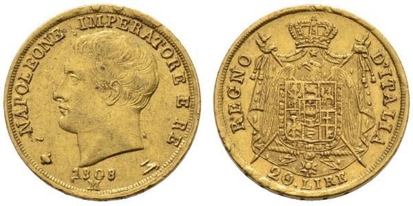 20 Лира Королевство Италия (наполеоновское) (1805–1814) Золото Наполеон I(1769 - 1821)