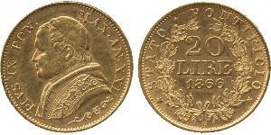 20 Лира Папская область (752-1870) Золото Пий IX (1792- 1878)