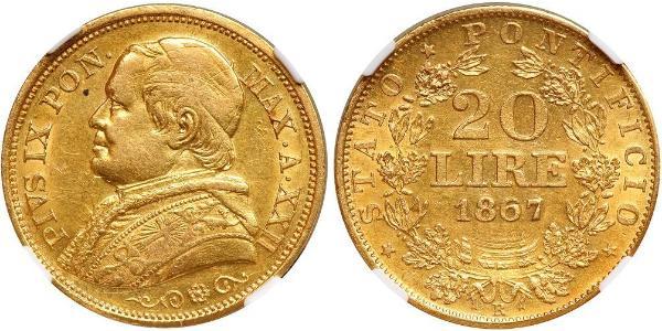20 Лира Папская область (752-1870) Золото Пий IX (1792- 1878)