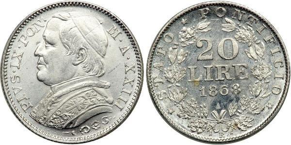 20 Лира Папская область (752-1870) Золото Пий IX (1792- 1878)