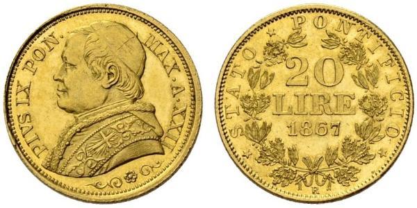 20 Лира Папская область (752-1870) Золото Пий IX (1792- 1878)