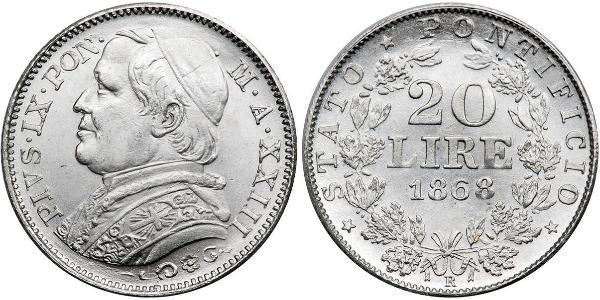 20 Лира Папская область (752-1870) Золото Пий IX (1792- 1878)