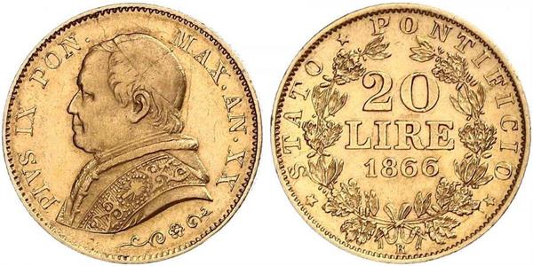 20 Лира Папская область (752-1870) Золото Пий IX (1792- 1878)