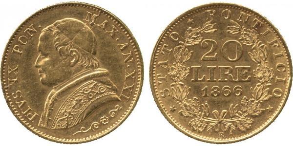 20 Лира Папская область (752-1870) Золото Пий IX (1792- 1878)