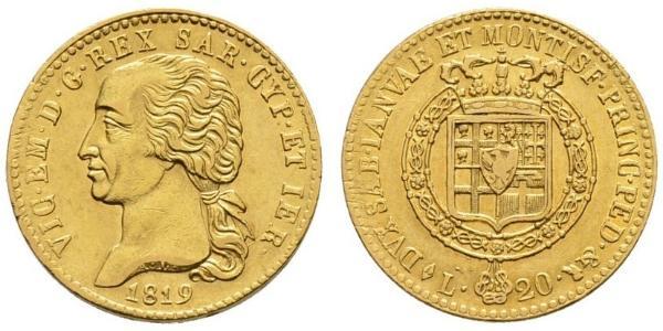 20 Лира Сардинское королевство (1324 - 1861) Золото Виктор Эммануил I
