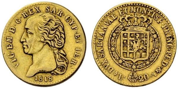20 Лира Сардинское королевство (1324 - 1861) Золото Виктор Эммануил I