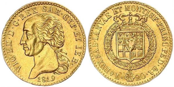 20 Лира Сардинское королевство (1324 - 1861) Золото Виктор Эммануил I