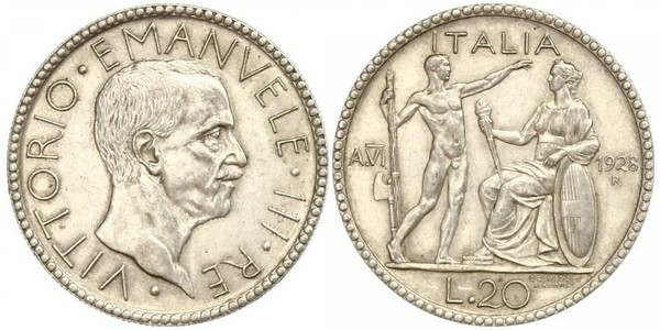 20 Лира Kingdom of Italy (1861-1946) Серебро Виктор Эммануил III (1869 - 1947)