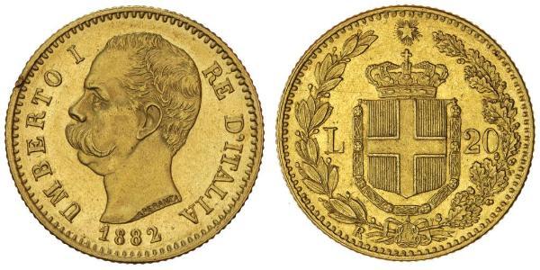 20 Ліра Kingdom of Italy (1861-1946) Золото Умберто I (1844-1900)