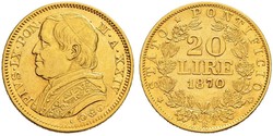 20 Ліра Папська держава (752-1870) Золото Пій IX (1792- 1878)