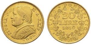 20 Ліра Папська держава (752-1870) Золото Пій IX (1792- 1878)