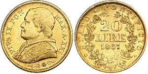 20 Ліра Папська держава (752-1870) Золото Пій IX (1792- 1878)