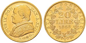 20 Ліра Папська держава (752-1870) Золото Пій IX (1792- 1878)