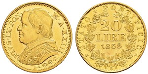 20 Ліра Папська держава (752-1870) Золото Пій IX (1792- 1878)