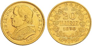 20 Ліра Папська держава (752-1870) Золото Пій IX (1792- 1878)