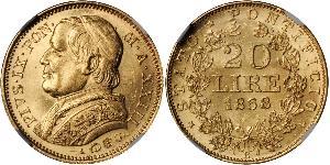 20 Ліра Папська держава (752-1870) Золото Пій IX (1792- 1878)